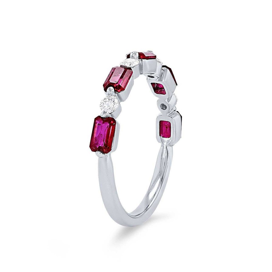 Diamonds Direct Fashion Rings | Single Prong Alternating Ruby And Diamond Band White Gold 18K