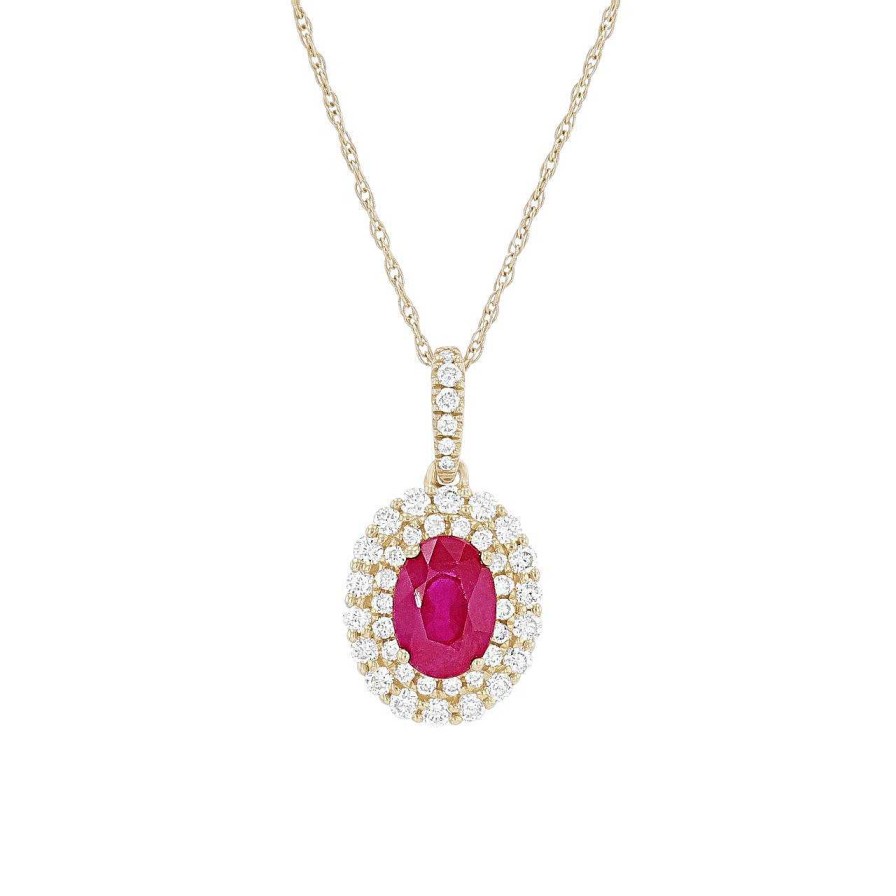 Diamonds Direct Necklaces & Pendants | Ruby And Diamond Double Halo Pendant Yellow Gold 14K