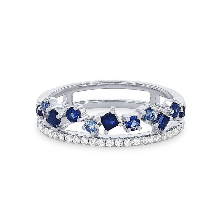 Diamonds Direct Women'S Bands | Two Row Scatter Sapphire And Diamond Wedding Band By Uneek White Gold 14K