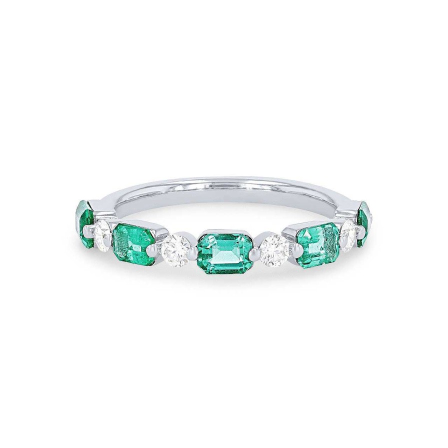 Diamonds Direct Fashion Rings | Single Prong Alternating Emerald And Diamond Band White Gold 18K