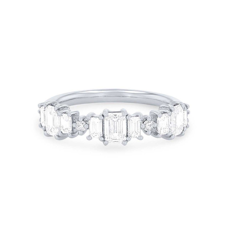 Diamonds Direct Women'S Bands | Three Stone Emerald And Round Diamond Wedding Band By Classique White Gold 14K