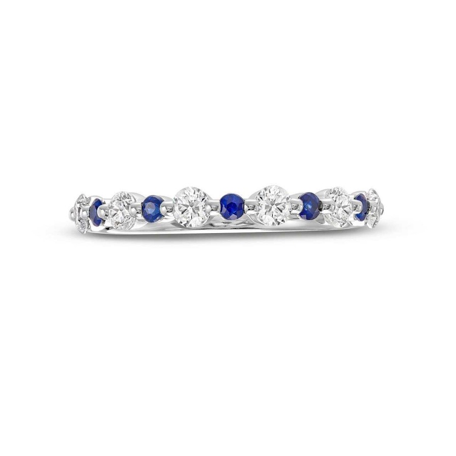 Diamonds Direct Women'S Bands | Alternating Diamond And Blue Sapphire Wedding Band White Gold 14K