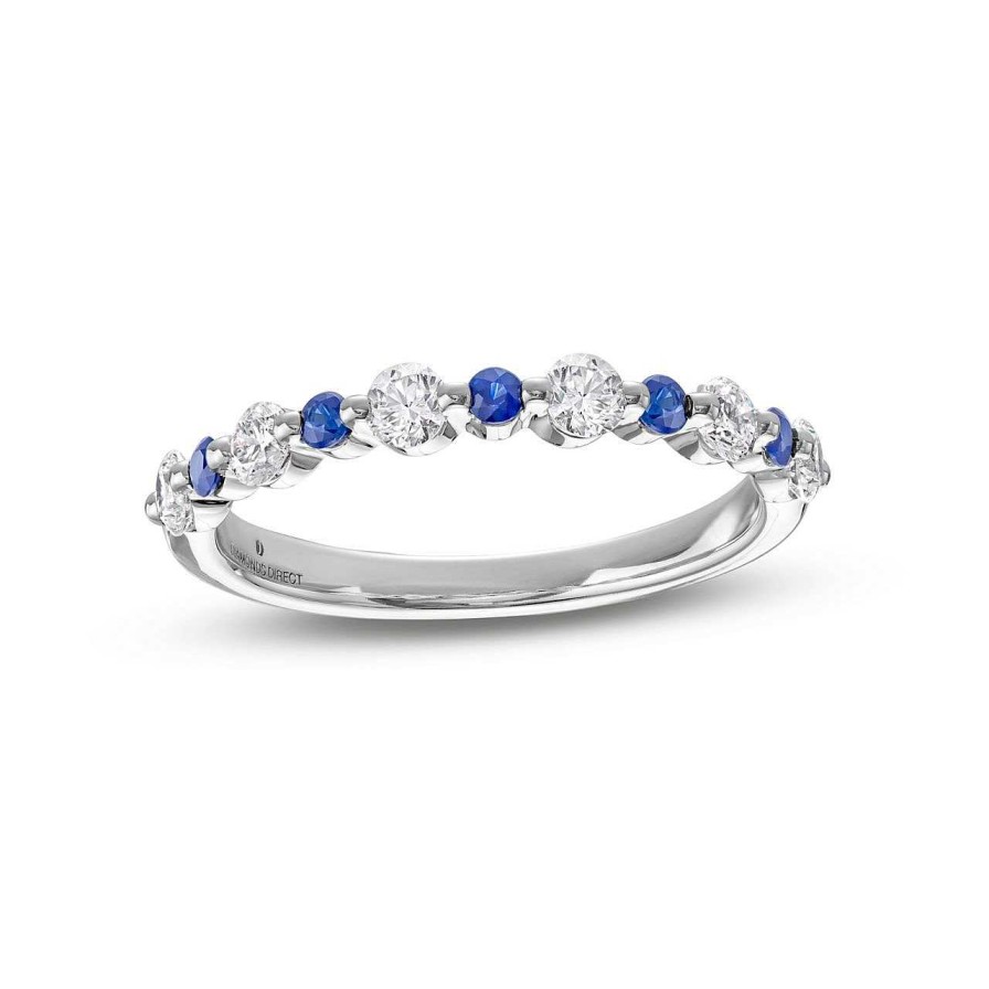 Diamonds Direct Women'S Bands | Alternating Diamond And Blue Sapphire Wedding Band White Gold 14K