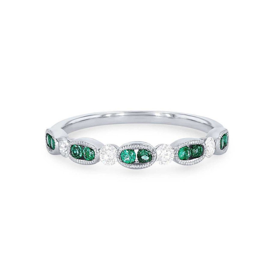 Diamonds Direct Women'S Bands | Diamond And Emerald Milgrain Band Yellow Gold 14K