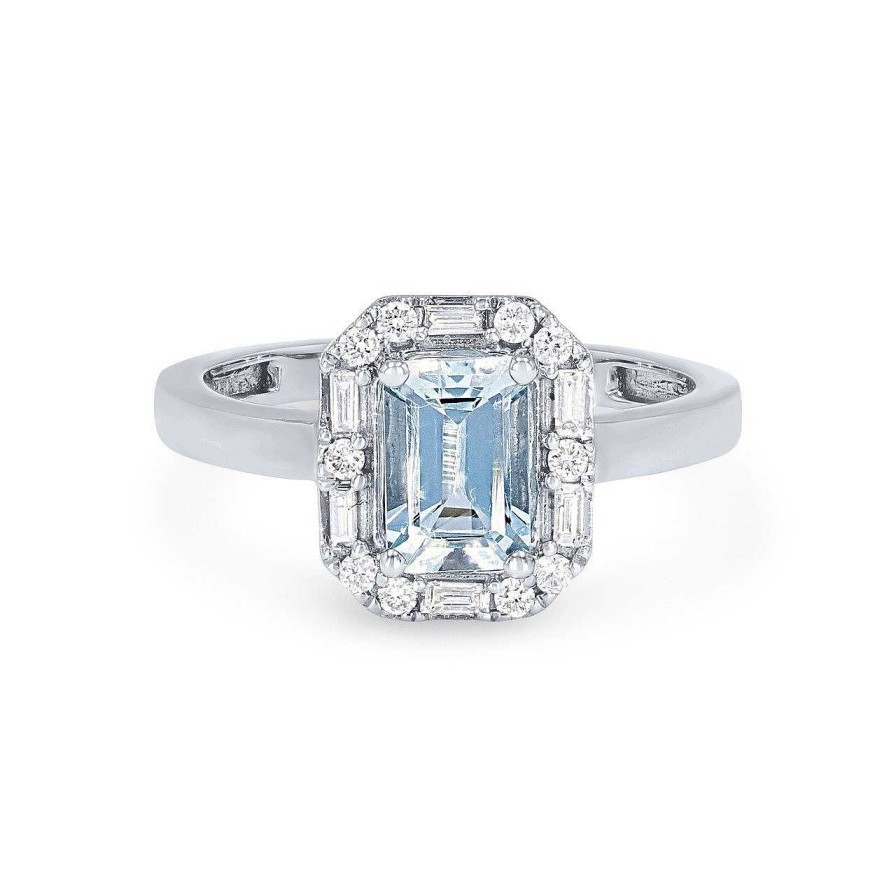 Diamonds Direct Fashion Rings | Aquamarine And Mixed Diamond Halo Ring White Gold 14K