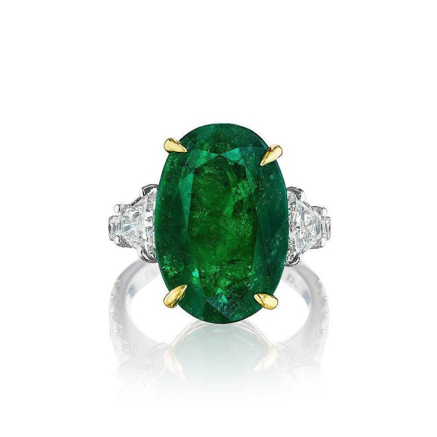 Diamonds Direct Rings | Oval Emerald With Trapezoid And Round Diamond Ring