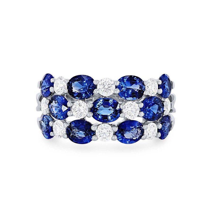 Diamonds Direct Fashion Rings | Three Row Alternating Sapphire And Diamond Ring White Gold 18K