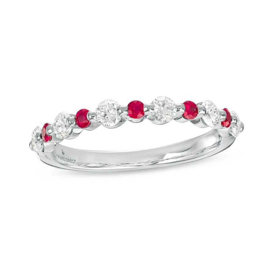 Diamonds Direct Fashion Rings | Alternating Diamond And Ruby Wedding Band White Gold 14K