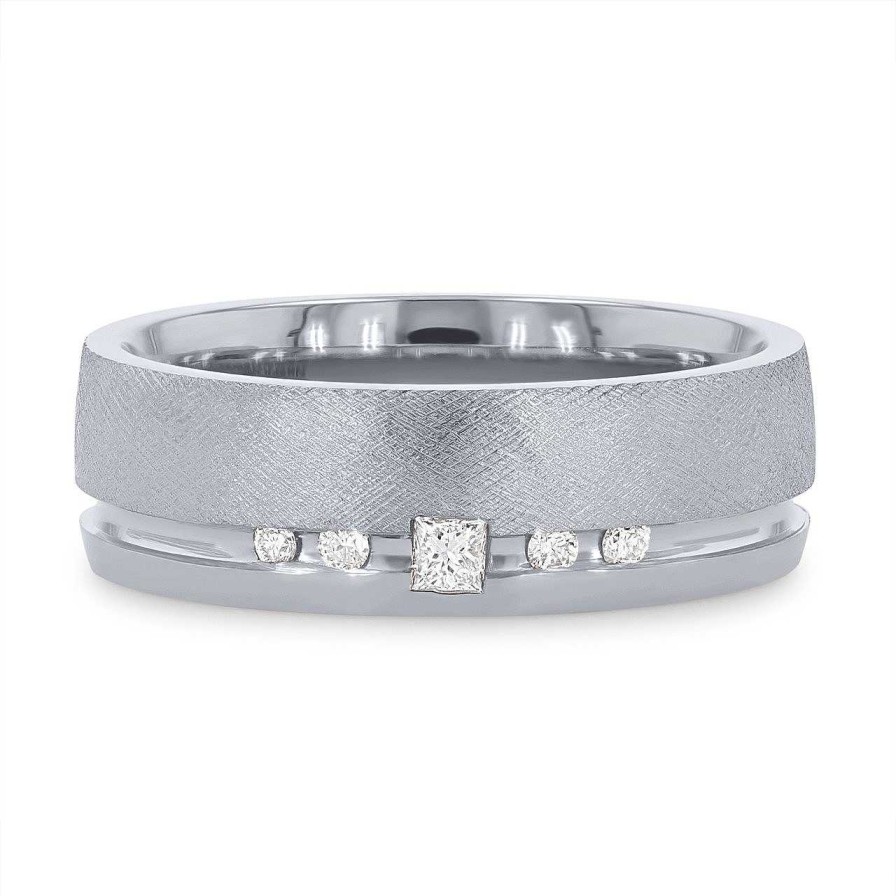 Diamonds Direct Women'S Bands | Matte Princess And Round Diamond 6Mm Wedding Band By Novell White Gold 14K