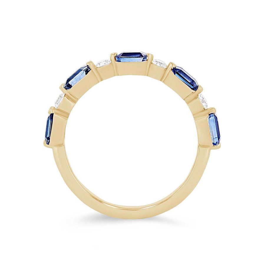 Diamonds Direct Women'S Bands | Single Prong Alternating Sapphire And Diamond Band Yellow Gold 18K