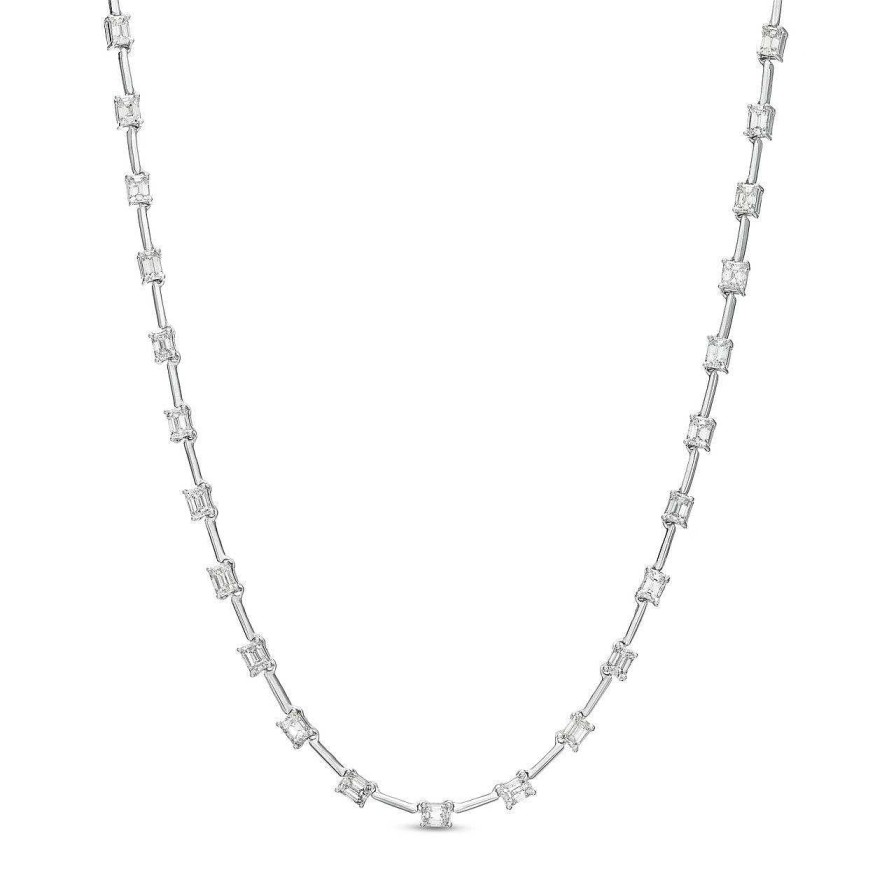 Diamonds Direct Necklaces & Pendants | Emerald Diamond Bar Station Tennis Necklace White Gold 14K