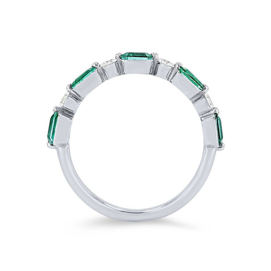 Diamonds Direct Women'S Bands | Single Prong Alternating Emerald And Diamond Band White Gold 18K