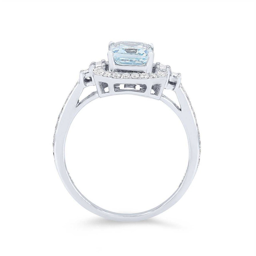 Diamonds Direct Fashion Rings | Aquamarine And Diamond Emerald Halo Ring White Gold 14K