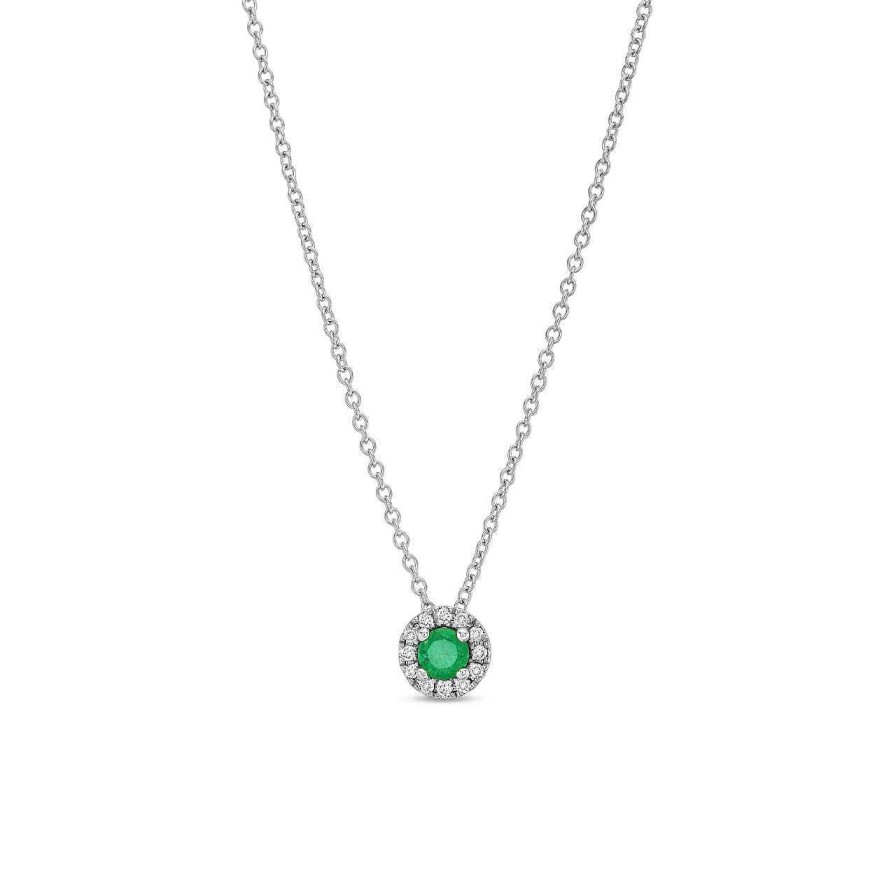 Diamonds Direct Necklaces & Pendants | Emerald And Diamond Halo Pendant Necklace White Gold 14K