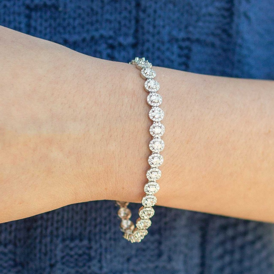 Diamonds Direct Bracelets | Oval Diamond Halo Tennis Bracelet White Gold 14K