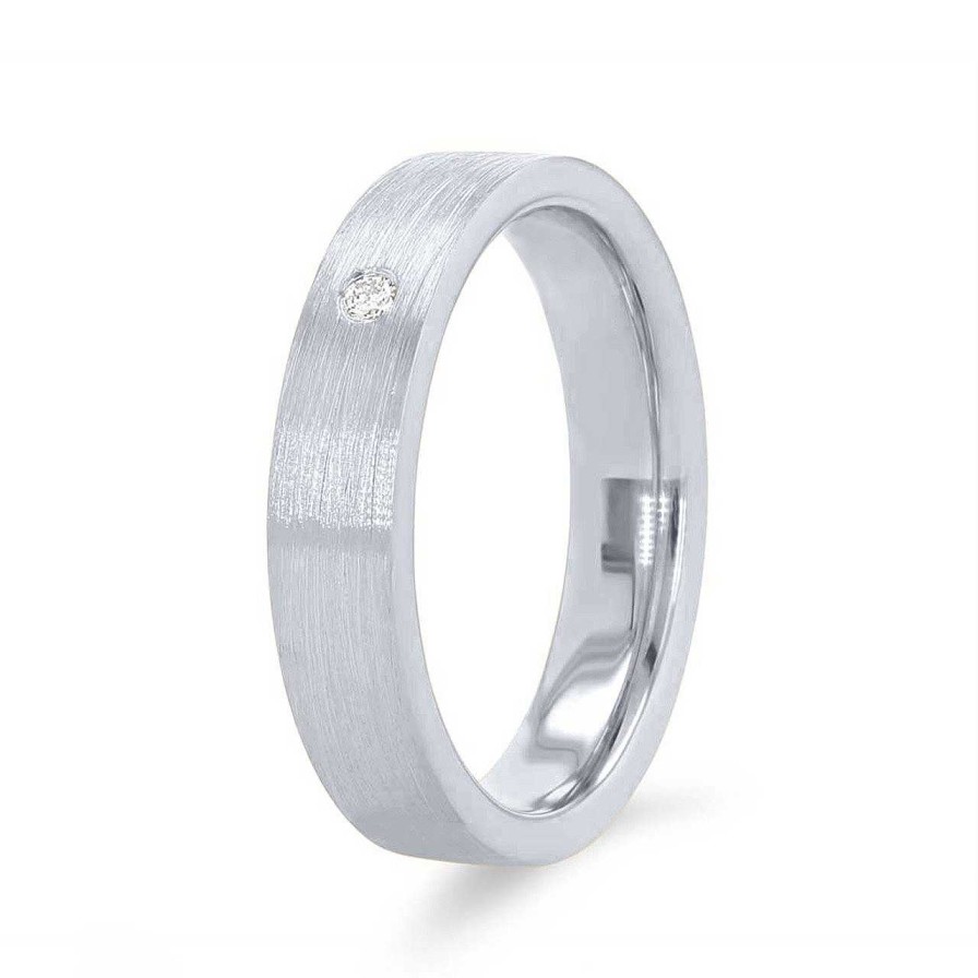 Diamonds Direct Fashion Rings | Matte Single Diamond 4Mm Wedding Band By Novell White Gold 14K