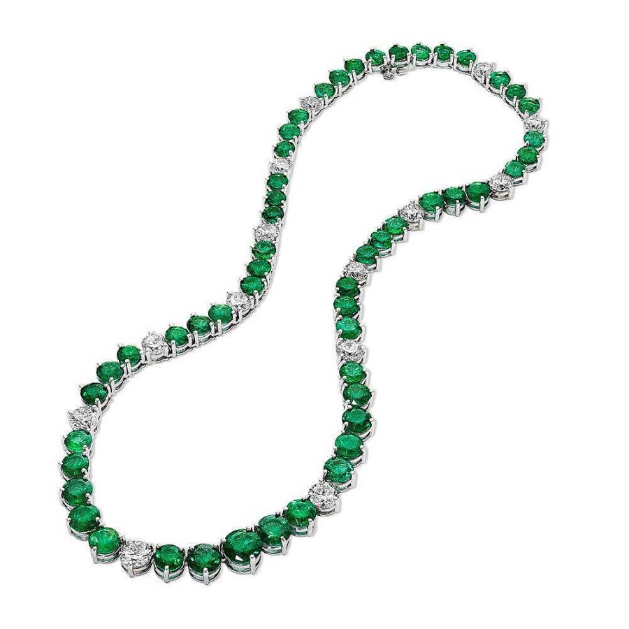 Diamonds Direct Necklaces | Round Emerald And Diamond Tennis Necklace