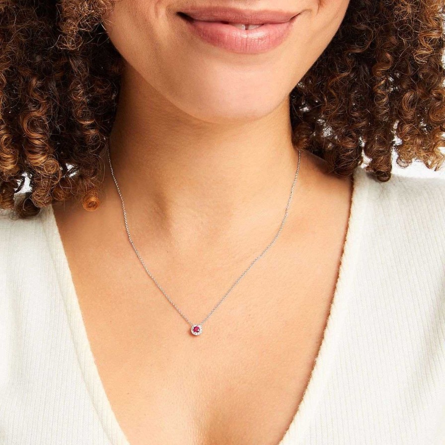 Diamonds Direct Necklaces & Pendants | Ruby And Diamond Halo Pendant Necklace White Gold 14K