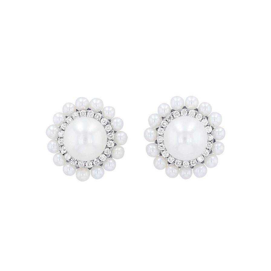 Diamonds Direct Earrings | Double Halo Pearl And Diamond Stud Earrings