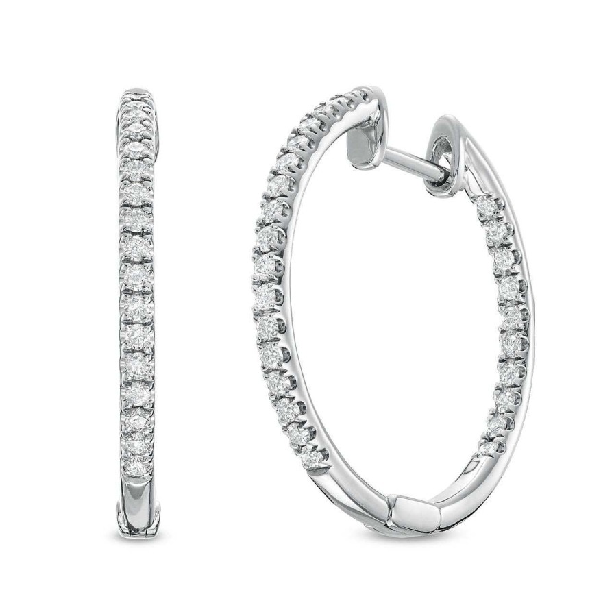 Diamonds Direct Earrings | Classic 1.00" In/Out Diamond Hoop Earrings White Gold 14K