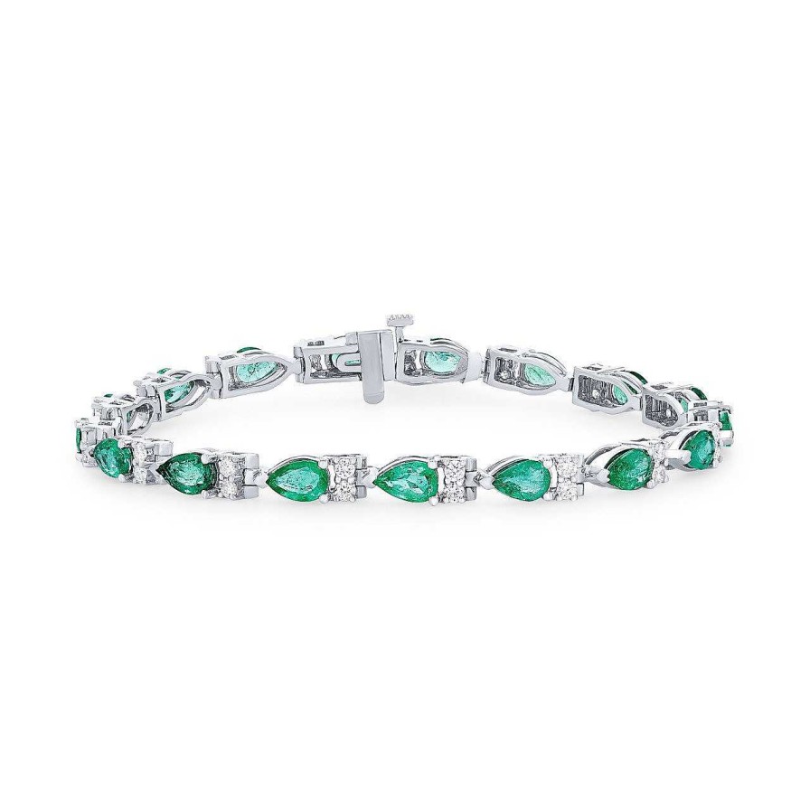 Diamonds Direct Bracelets | Emerald And Diamond Tennis Bracelet White Gold 14K