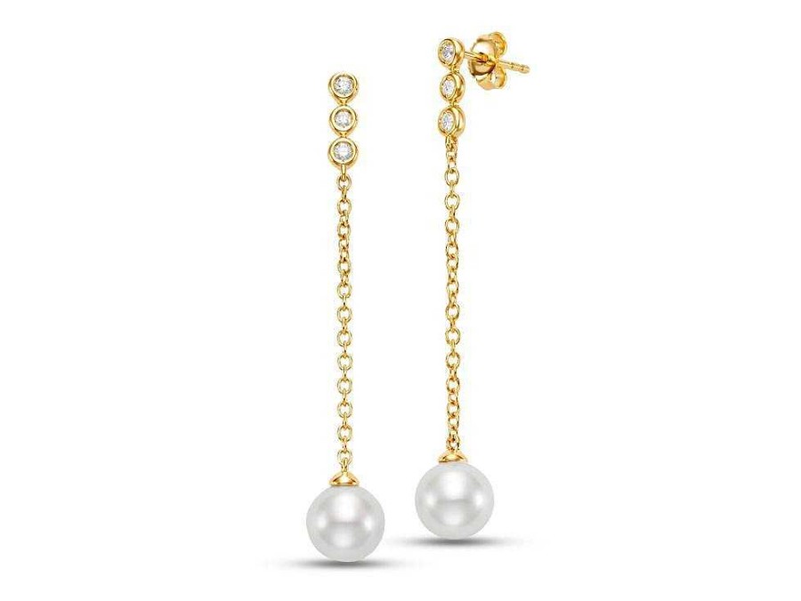 Diamonds Direct Earrings | Freshwater Pearl And Diamond Bezel Drop Earrings