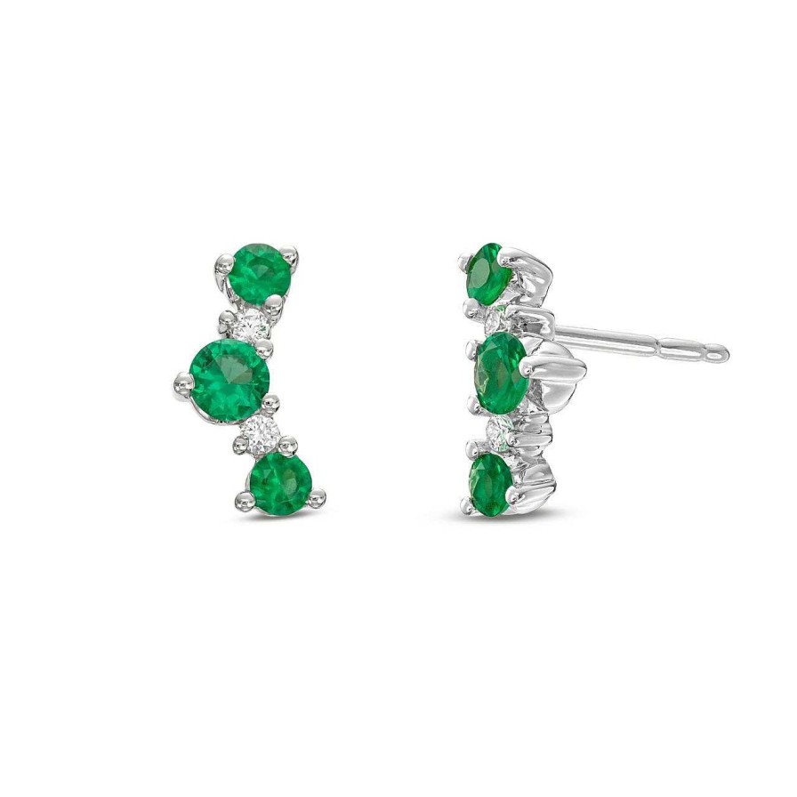 Diamonds Direct Earrings | Emerald And Diamond Contour Stud Earrings White Gold 14K