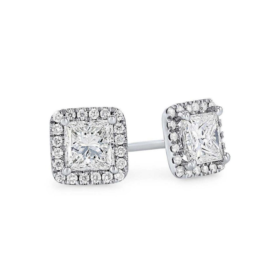 Diamonds Direct Earrings | Princess Diamond Halo Studs White Gold 14K