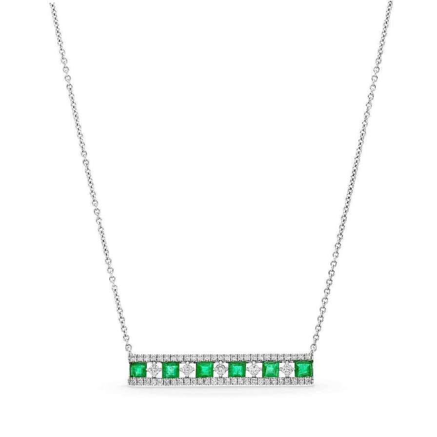 Diamonds Direct Necklaces & Pendants | Three Row Emerald And Diamond Bar Necklace