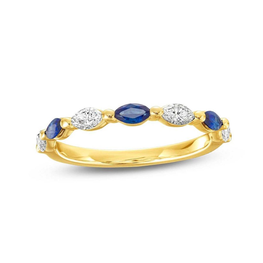 Diamonds Direct Women'S Bands | Alternating Marquise Sapphire And Diamond Wedding Band By Classique Yellow Gold 14K