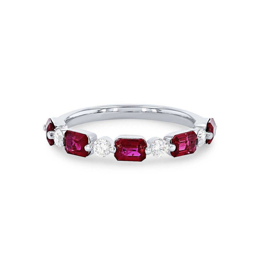 Diamonds Direct Women'S Bands | Single Prong Alternating Ruby And Diamond Band White Gold 18K