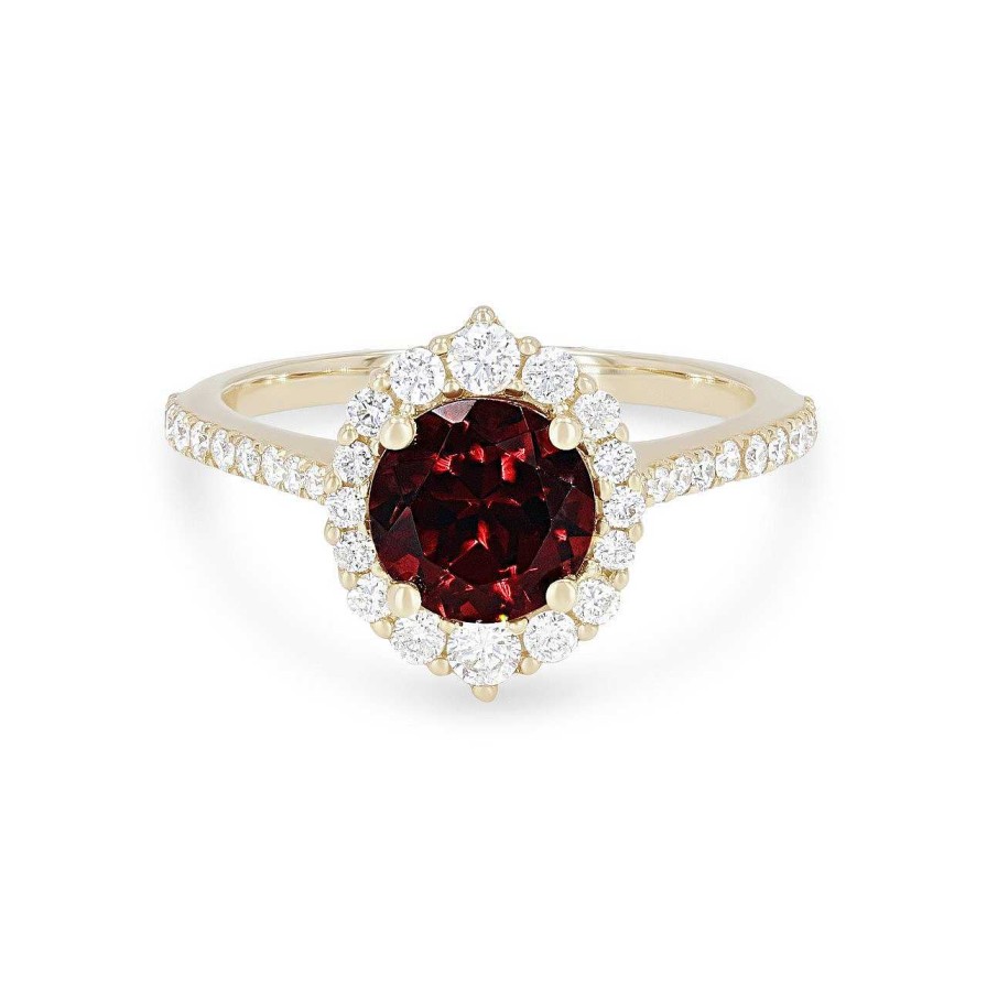 Diamonds Direct Fashion Rings | Garnet And Graduated Diamond Halo Ring Yellow Gold 14K