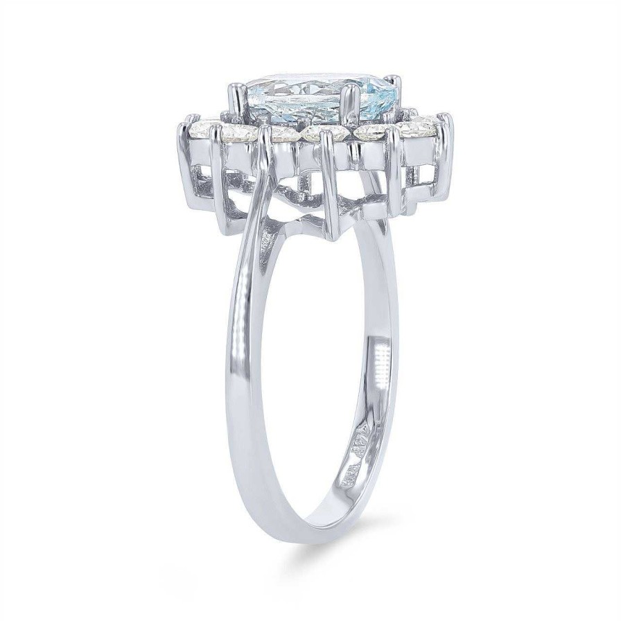 Diamonds Direct Fashion Rings | Aquamarine And Diamond Oval Halo Ring White Gold 14K