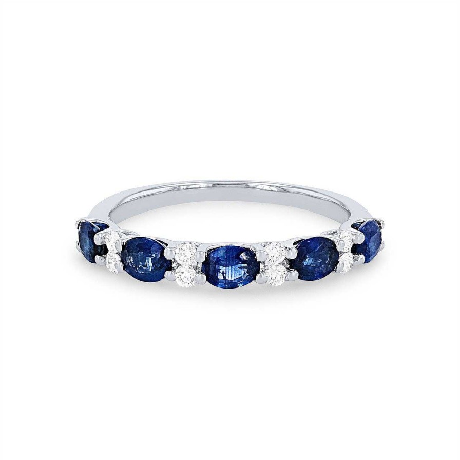 Diamonds Direct Women'S Bands | Oval Sapphire And Diamond Alternating Band White Gold 14K