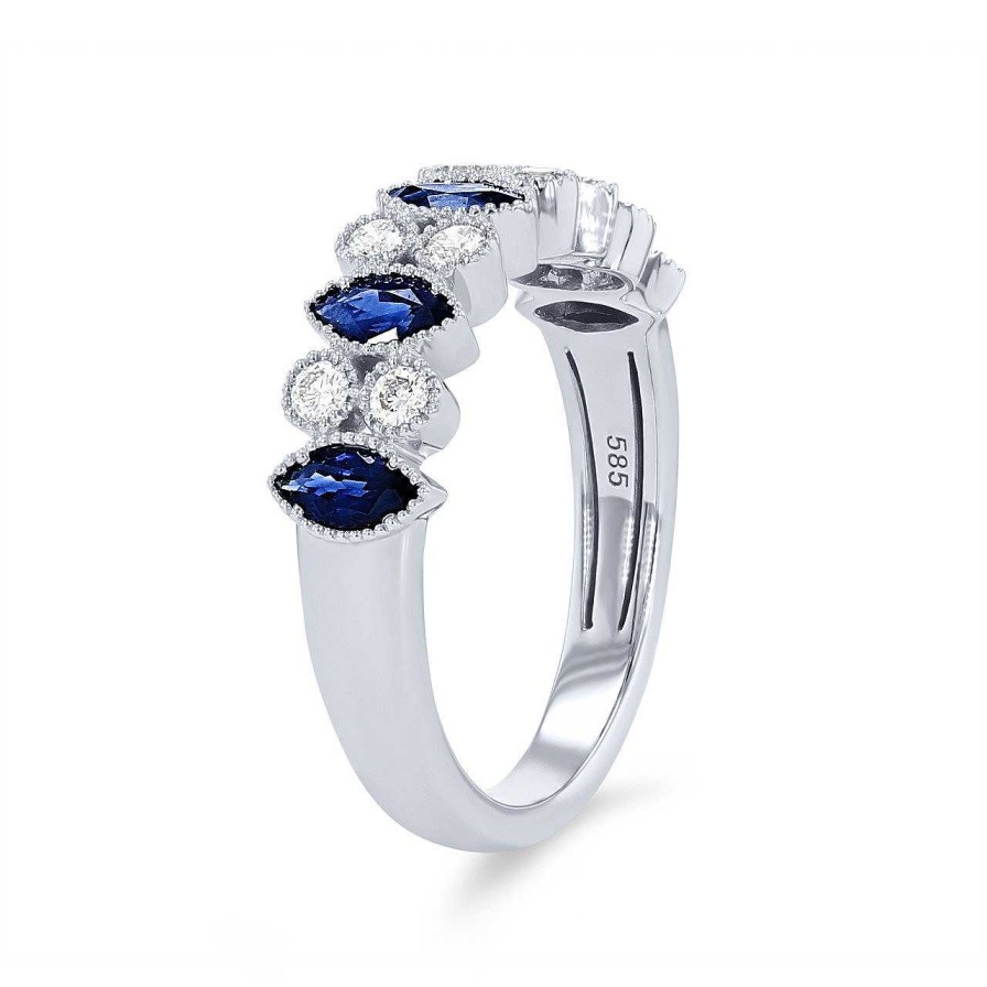 Diamonds Direct Fashion Rings | Sapphire And Diamond Milgrain Bezel Band White Gold 14K