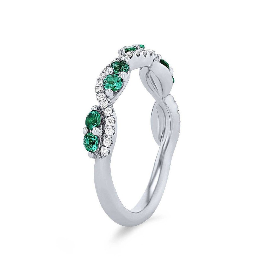 Diamonds Direct Women'S Bands | Emerald And Diamond Twist Wedding Band By Fana White Gold 14K