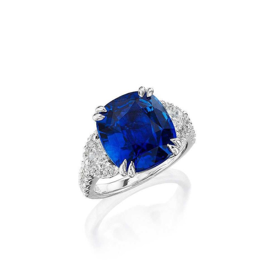 Diamonds Direct Rings | Cushion Cut Sapphire And Half Moon Diamond Ring With Diamond Halos