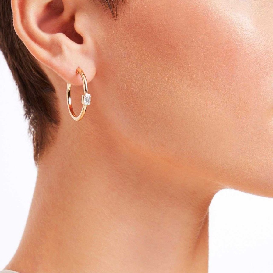 Diamonds Direct Earrings | Single Baguette Diamond Bezel Open Hoop Earring