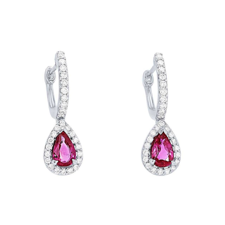 Diamonds Direct Earrings | Ruby And Diamond Halo Pear Drop Earrings