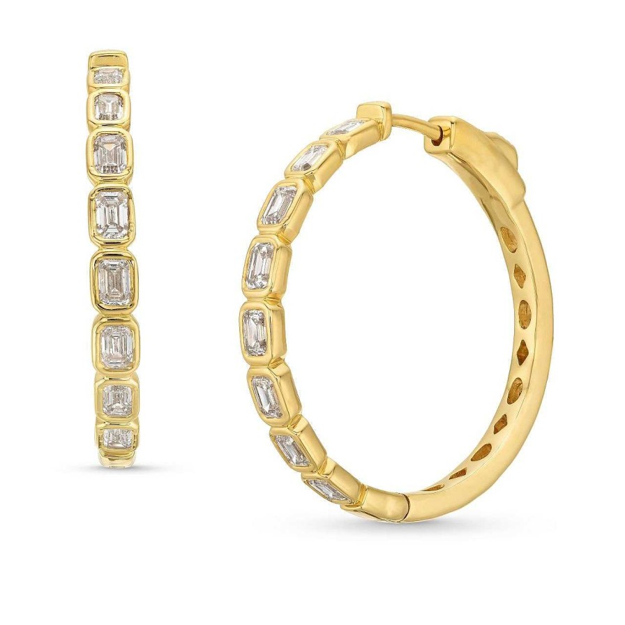 Diamonds Direct Earrings | Emerald Cut Diamond Bezel Hoop Earrings