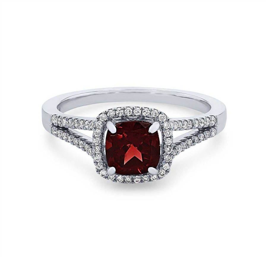 Diamonds Direct Fashion Rings | Garnet And Diamond Halo Split Ring White Gold 14K