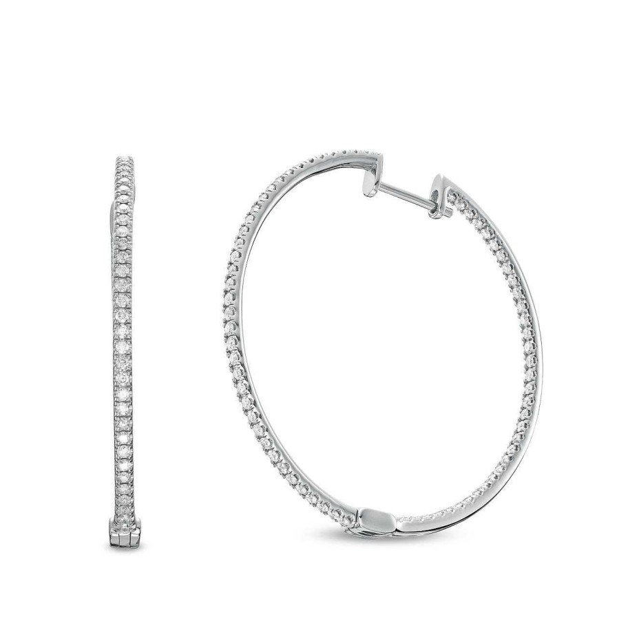 Diamonds Direct Earrings | Classic 1.50" In/Out Diamond Hoop Earrings White Gold 14K