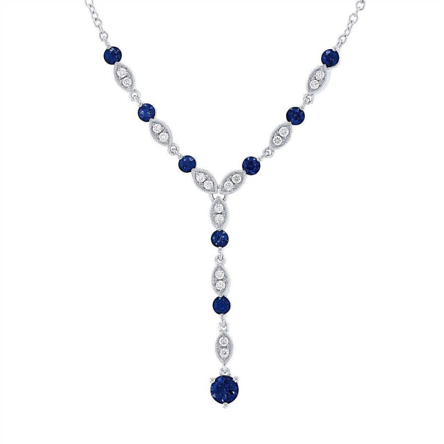 Diamonds Direct Necklaces & Pendants | Sapphire And Diamond "Y" Necklace White Gold 14K