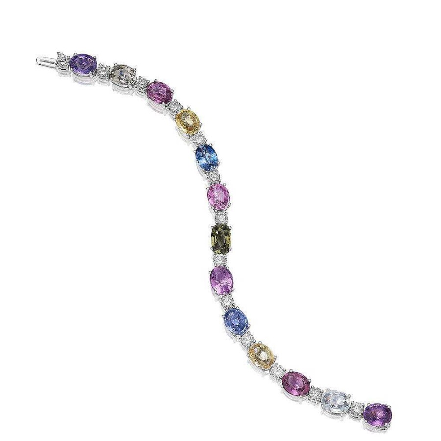 Diamonds Direct Bracelets | Multicolor Oval Sapphire And Round Diamond Riviera Bracelet