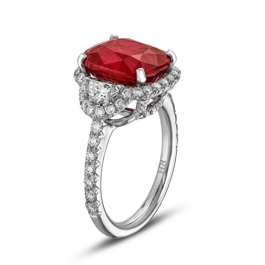 Diamonds Direct Rings | Cushion Ruby Half-Moon Diamond Halo Ring