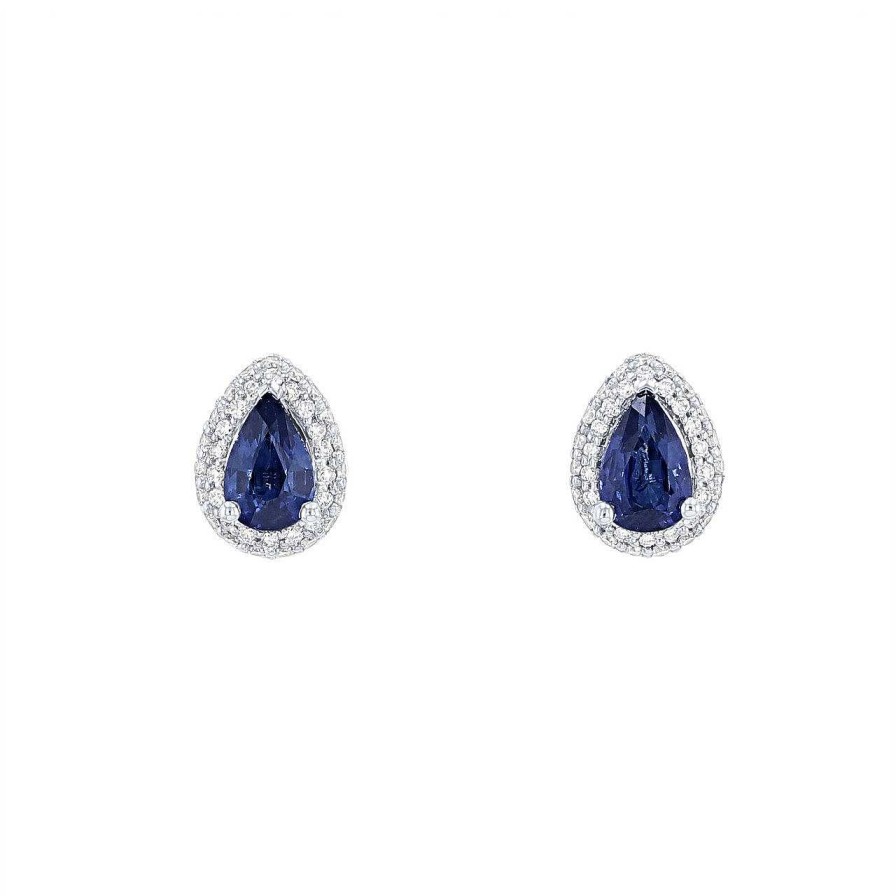 Diamonds Direct Earrings | Pear Shape Sapphire And Diamond Halo Studs