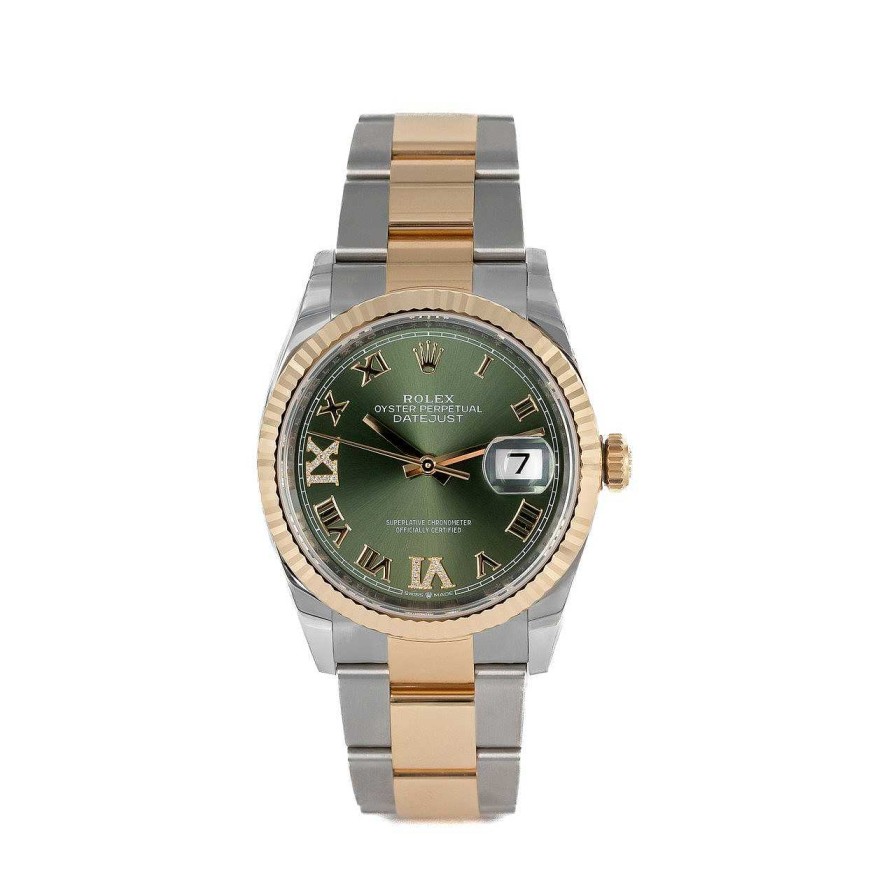 Diamonds Direct Men'S Watches | Rolex Datejust 36 Olive Pave Roman Dial Flute Bezel Watch | Oystersteel And Yellow Gold Bracelet - 36Mm