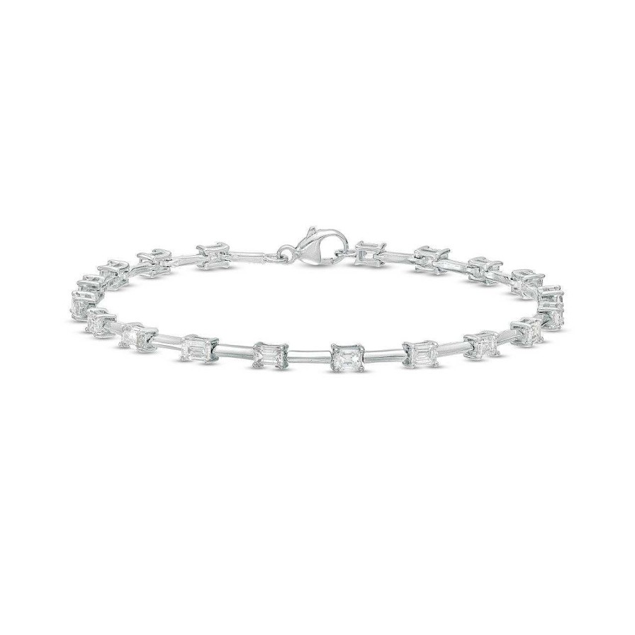 Diamonds Direct Bracelets | Emerald Diamond Bar Station Tennis Bracelet White Gold 14K