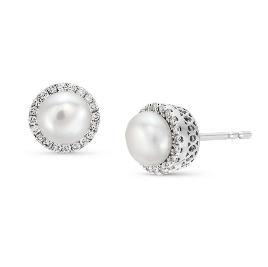 Diamonds Direct Earrings | Freshwater Pearl And Diamond Halo Stud Earrings