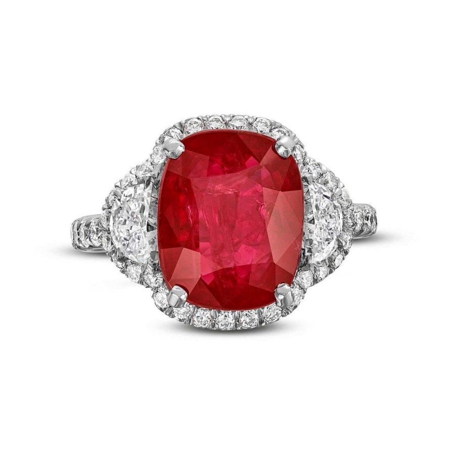 Diamonds Direct Rings | Cushion Ruby Half-Moon Diamond Halo Ring